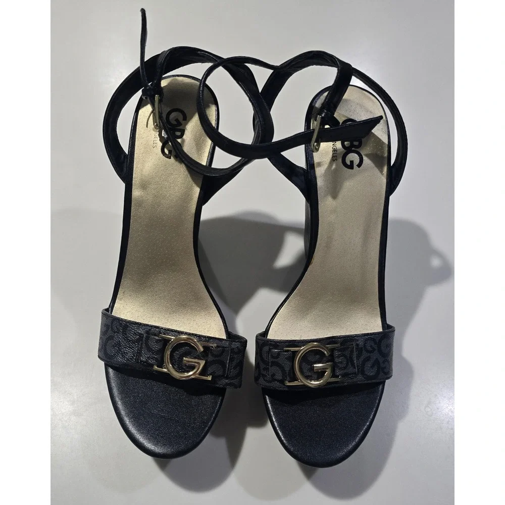 GBG Los Angeles Womens Black Monogram G Logo Platform Block Heel Sandal SEE PICS
